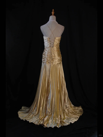 A Line Halter Gold Satin Beads Long Evening Dress Prom Dresses SD2701
